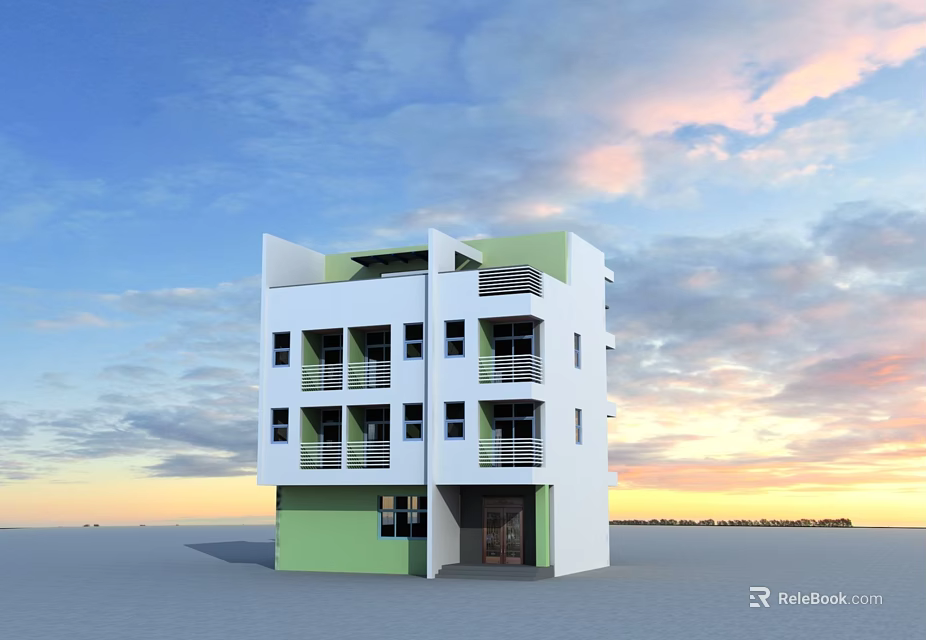White and Green Multi Storey Detached Villa with Balconies Under Sunset Sky 3d model 