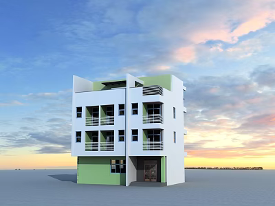 White and Green Multi Storey Detached Villa with Balconies Under Sunset Sky 3d model