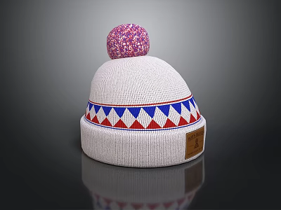 White Knitted Beanie With Pink Pom Pom And Blue Red Geometric Pattern Design 3d model