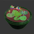 Beautiful Water Lilies And Green Lily Pads In Stone Basin With Calm Water