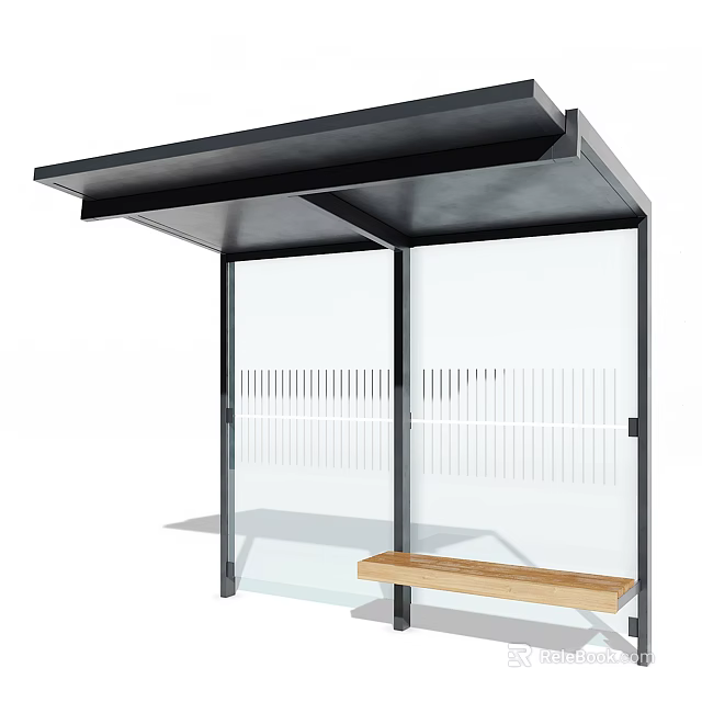 Modern Bus Shelter With Glass Panels Wooden Bench And Metal Frame 3d model 