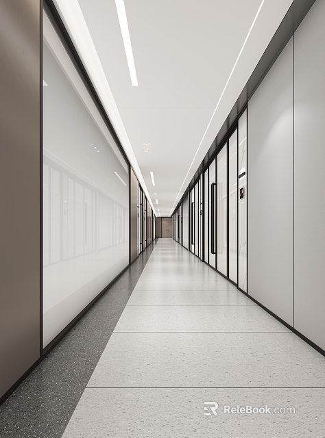 Modern Office Corridor Interior Design With White Gray Partition Walls Glass Doors And Recessed Lighting 3d model 
