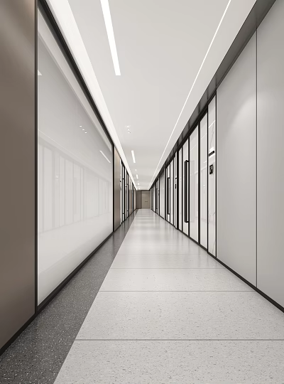 Modern Office Corridor Interior Design With White Gray Partition Walls Glass Doors And Recessed Lighting 3d model