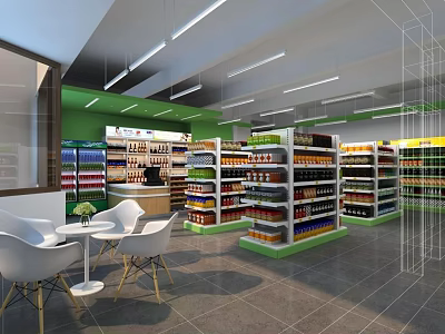 Modern Grocery Supermarket Interior With Shelves Full Of Products And Seating Area Bright Lighting 3d model
