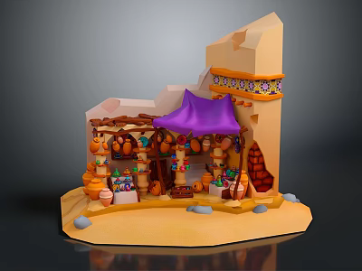 Cartoon Arabian Style Shop Scene With Purple Tent Tower And Clay Pots On Sandy Ground 3d model