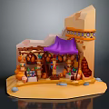 Cartoon Arabian Style Shop Scene With Purple Tent Tower And Clay Pots On Sandy Ground