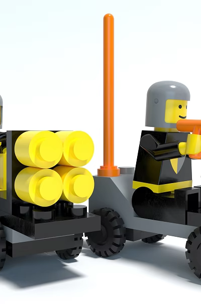 Building Block Toy Set With Two Minifigures Trailer Cannon And Yellow Cylinders 3d model