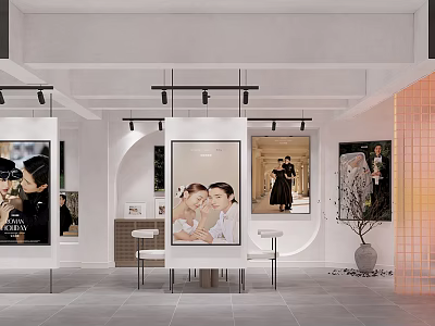 Modern Wedding Dress Shop Interior With Multiple Wedding Photo Displays 3d model