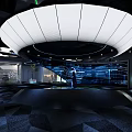 Modern Tech Exhibition Interior With Curved White Ceiling Circular Floor And Checkered Wall Screens 3d model