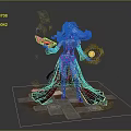 Game Fantasy Character With Blue Purple Hair Red Robe Holding Ancient Book And Magic Orb