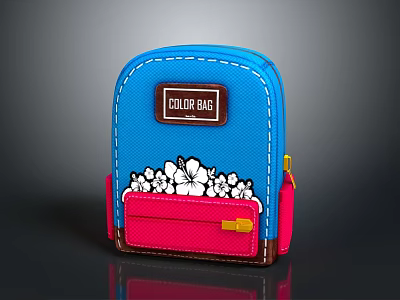 Cute Blue Small Bag with Red Pocket White Flower Pattern and COLOR BAG Label 3d model