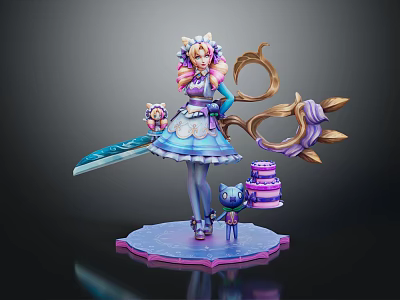 Colorful Haired Character In Blue Dress With Giant Scissors And Blue Cat Holding Cake 3d model