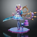 Colorful Haired Character In Blue Dress With Giant Scissors And Blue Cat Holding Cake