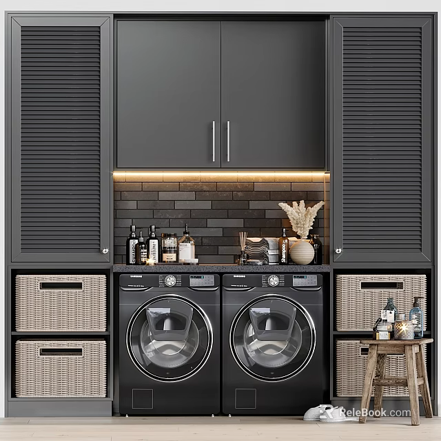 Modern Laundry Room With Double Washing Machines Black Cabinets Wicker Baskets And Laundry Supplies 3d model 