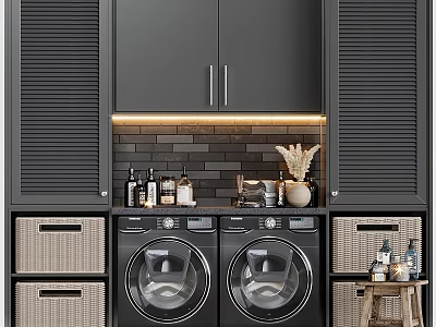 Modern Laundry Room With Double Washing Machines Black Cabinets Wicker Baskets And Laundry Supplies 3d model