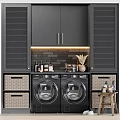 Modern Laundry Room With Double Washing Machines Black Cabinets Wicker Baskets And Laundry Supplies
