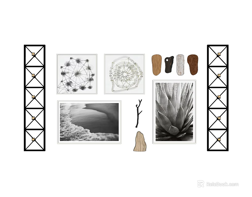 Bed Accent Wall With Art Prints Metal Frames And Natural Decor 3d model 