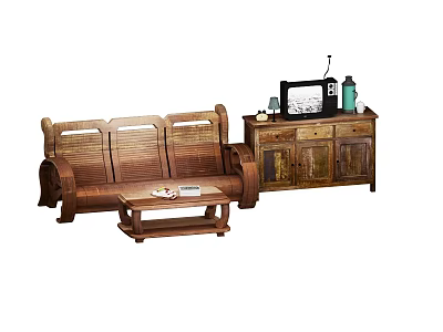 Rustic Wooden Sofa And Coffee Table Set With Side Cabinet TV And Green Plant Decor 3d model