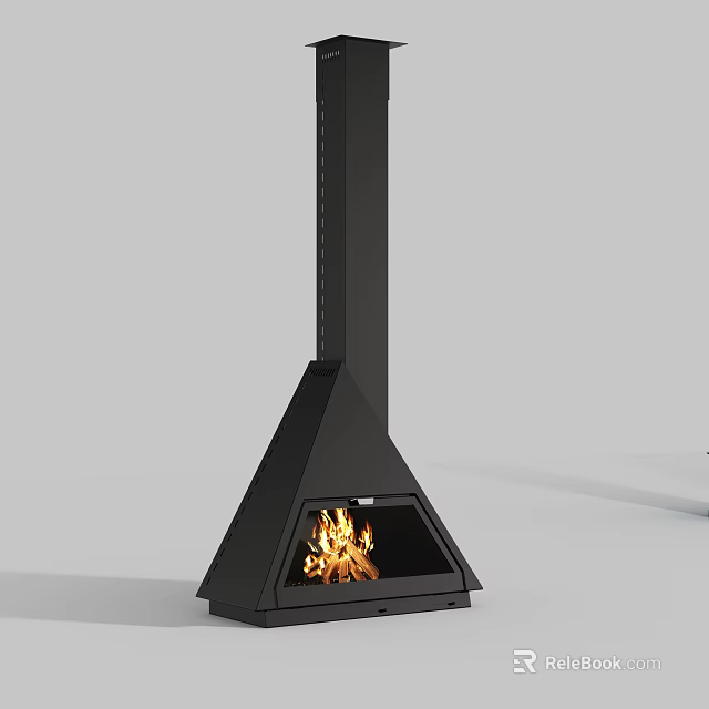 Modern Black Triangular Fireplace With Flames Burning And Vertical Chimney 3d model 
