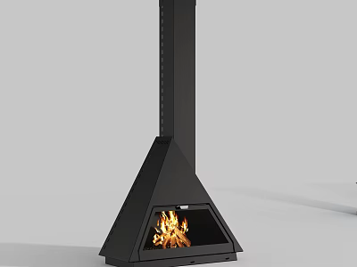Modern Black Triangular Fireplace With Flames Burning And Vertical Chimney 3d model