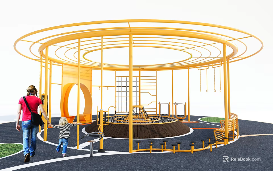 Yellow Circular Outdoor Fitness Playground With Multiple Exercise Elements For Kids And Families 3d model 