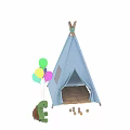 Blue Patterned Teepee Kids Bed With Colorful Balloons And Green Toy Turtle