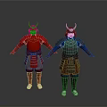 Men Wearing Red and Silver Traditional Samurai Armor Standing Full Body