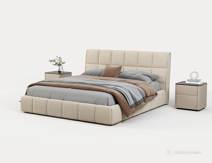 Modern Double Bed Featuring Beige Fabric Headboard Gray Sheets Brown Blanket And Nightstands 3d model 