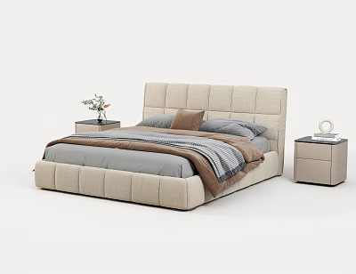 Modern Double Bed Featuring Beige Fabric Headboard Gray Sheets Brown Blanket And Nightstands 3d model