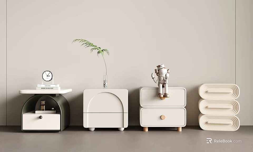 Modern Bedside Tables with Diverse Designs and Decorative Clock Plant Teapot 3d model
