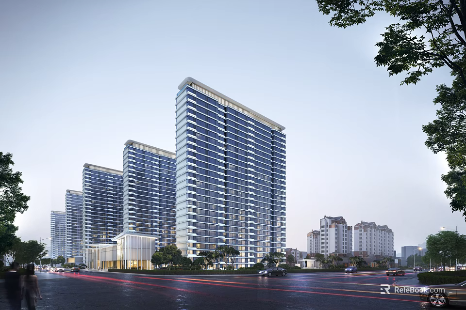 Modern High Rise Residential Building Complex With Trees And Urban Road View 3d model 