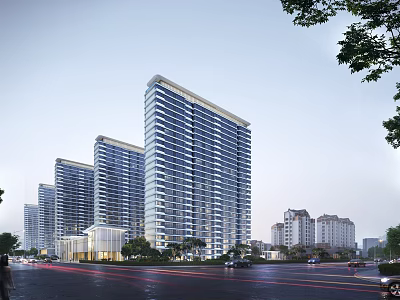 Modern High Rise Residential Building Complex With Trees And Urban Road View 3d model