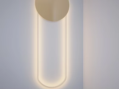 Modern Minimalist Shower Sauna with Golden Circular Object and Long Light Fixture on White Wall 3d model