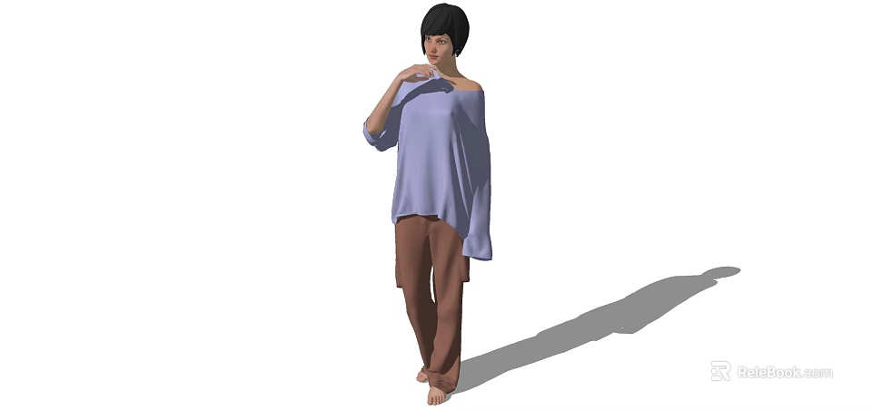 A woman in purple off-shoulder top and brown pants standing with hand on chin 3d model 