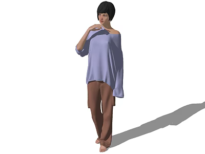 A woman in purple off-shoulder top and brown pants standing with hand on chin 3d model