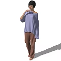 A woman in purple off-shoulder top and brown pants standing with hand on chin