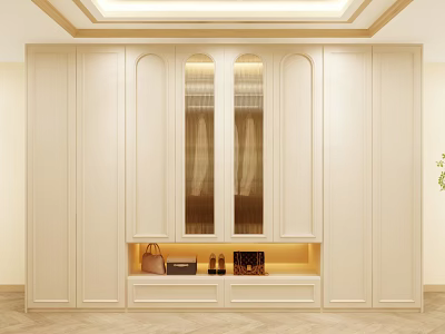 Modern White Wardrobe Interior With Glass Door Panels And Display Shelf 3d model