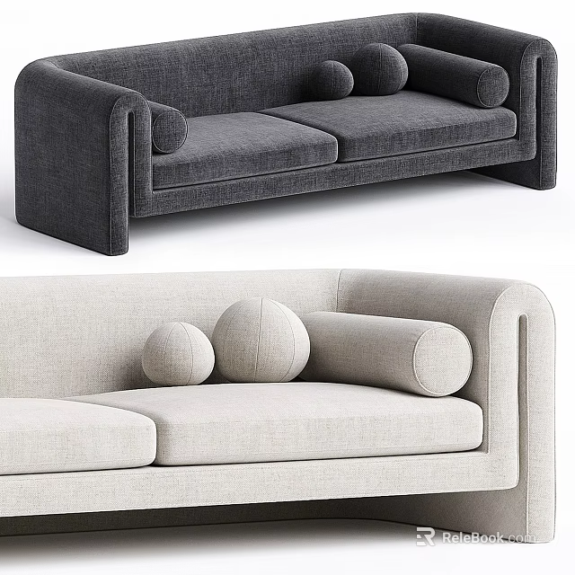 Modern Minimalist Sectional Sofa in Gray and Beige with Round Pillows and Cylindrical Arms 3d model 