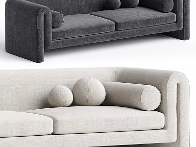 Modern Minimalist Sectional Sofa in Gray and Beige with Round Pillows and Cylindrical Arms 3d model