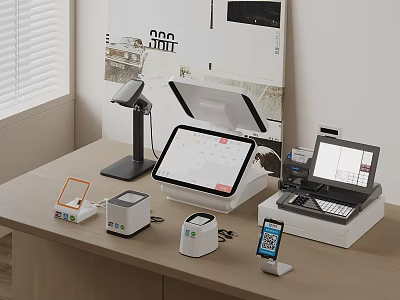 Modern Retail Payment Devices Setup With POS Tablets Scanners And Printers 3d model