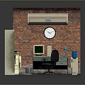 Office Interior Setup With Brick Wall Air Conditioner Clock Bookshelf Printer Computer Desk And Chair