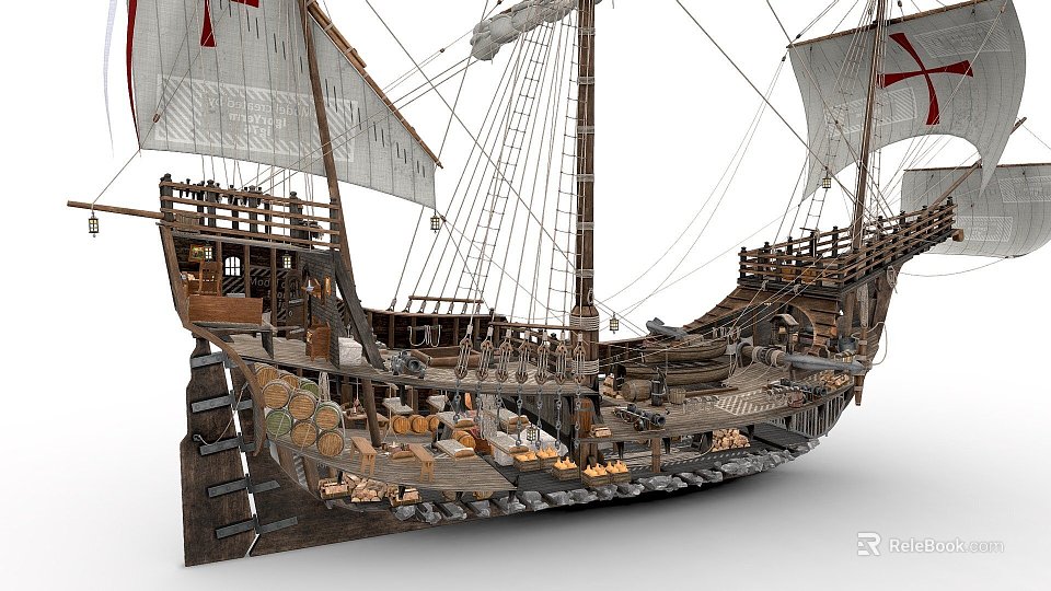 Ancient Wooden Sailing Ship With Multiple Masts And Detailed Deck Features 3d model 
