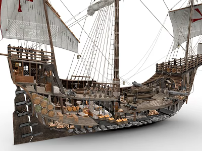 Ancient Wooden Sailing Ship With Multiple Masts And Detailed Deck Features 3d model