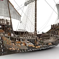 Ancient Wooden Sailing Ship With Multiple Masts And Detailed Deck Features