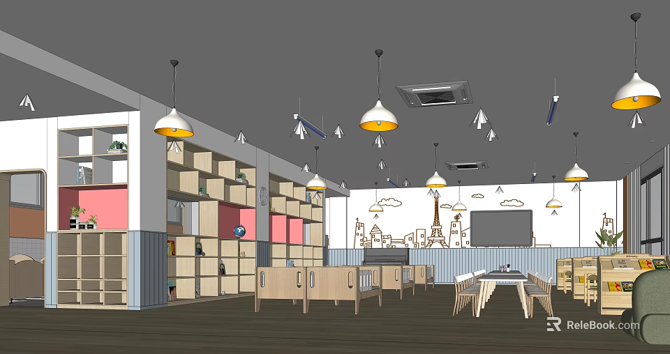 Cheerful Kindergarten Interior Design With Hanging Lights Shelves And Kids Furniture 3d model 