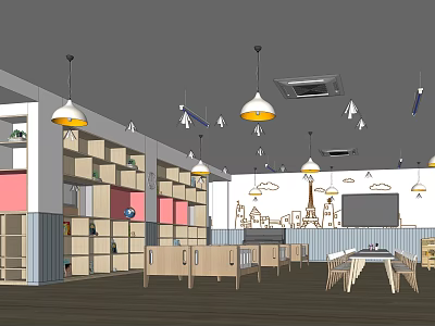 Cheerful Kindergarten Interior Design With Hanging Lights Shelves And Kids Furniture 3d model