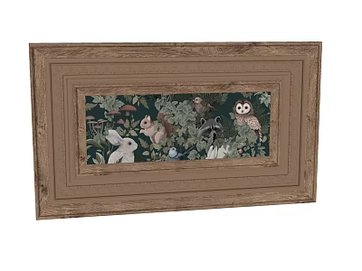 Rustic Brown Picture Frame with Rabbit Raccoon Owl and Mushrooms on Green Background 3d model