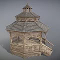 Traditional Wooden Gazebo With Intricate Carved Railings Staircase And Multi Tiered Roof Design
