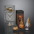 Halloween Decorative Scene With Metal Shelf Boxes And Colorful Pumpkin Ornaments
