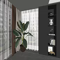 Large Leaf Indoor Potted Plant In Black Pot By Window With Curtains And Decorative Shelf